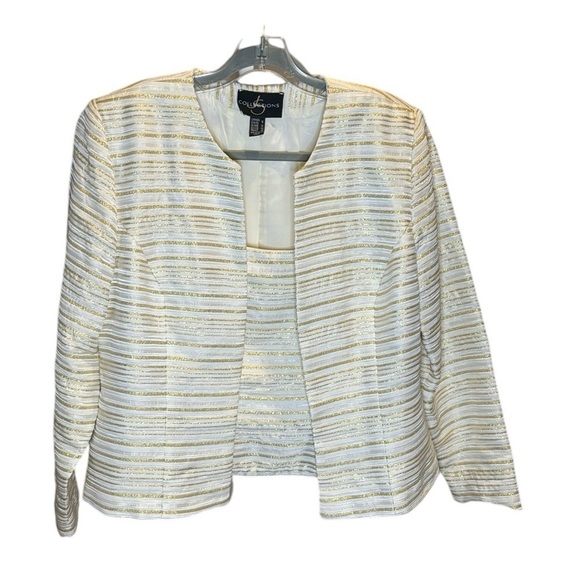 JS collections formal, twinset top and jacket, ivory Gold metallic stripe Sz 16 - Picture 1 of 16
